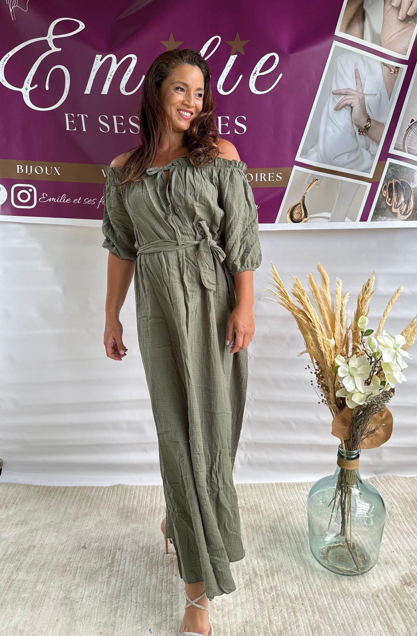 Robe en gaze de coton épaule dénudé col bardot avec lien