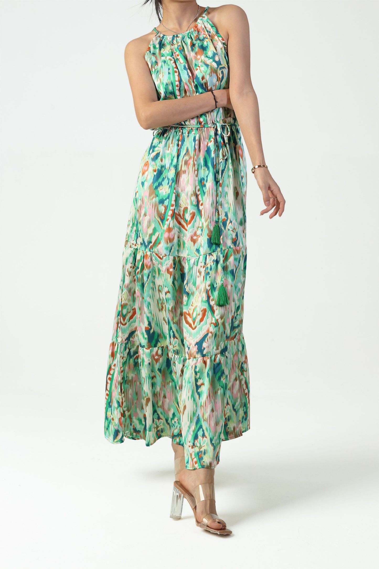 Robe Longue Imprimée Motif abstrait– Col à nouer, Légère & Féminine pour l'Été