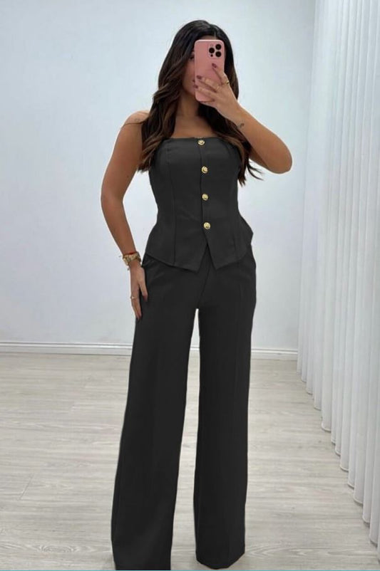 Ensemble pantalon top bustier chic à boutons dorés