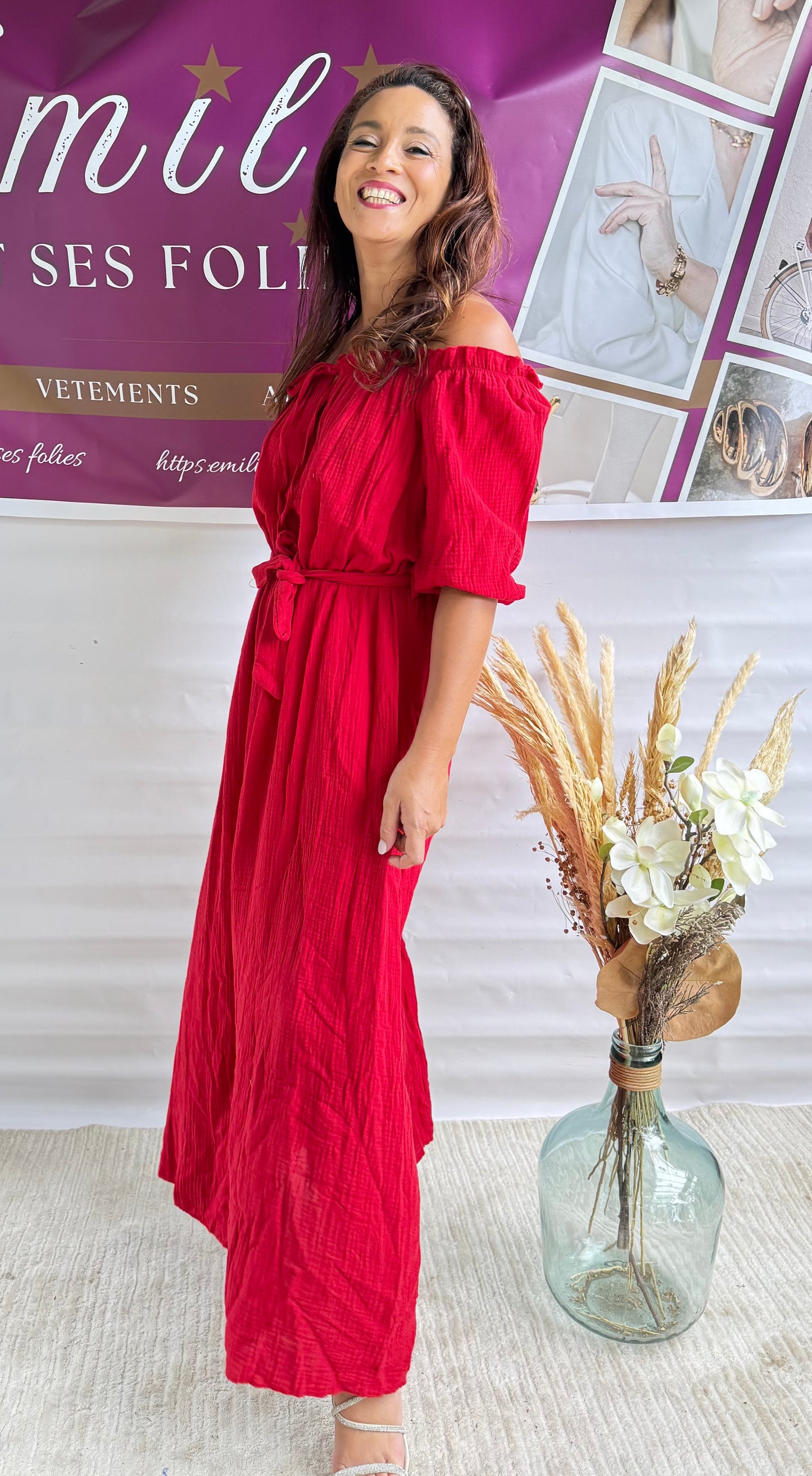 Robe en gaze de coton épaule dénudé col bardot avec lien