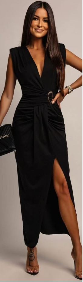 Robe Chic Fendue à Col V avec Détail Anneau : L’Élégance Glamour pour Vos Plus Belles Occasions noir fendue sur la cuisse