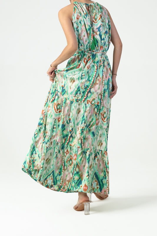 Robe Longue Imprimée Motif abstrait– Col V, Légère & Féminine pour l'Été de dos