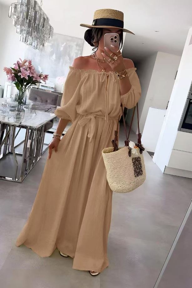 Robe en gaze de coton épaule dénudé col bardot avec lien